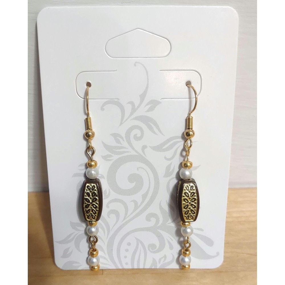Chic Brown & Gold Beaded Earrings With Pearl Accents
